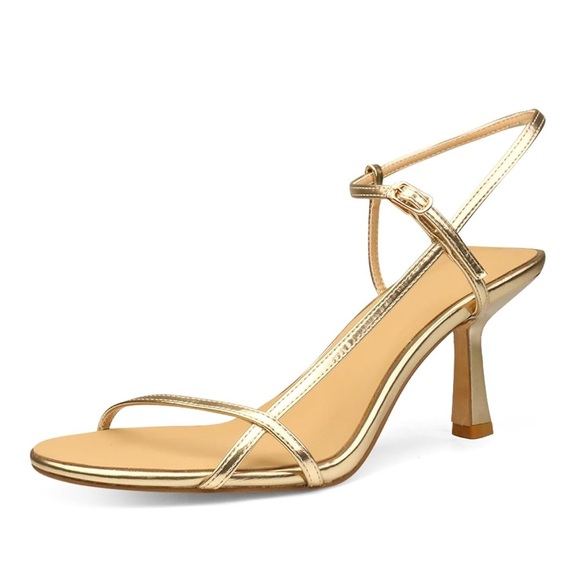 Women's Heeled Sandals Round Open Toe Gold Strappy Slingback High Heels - Picture 1 of 12